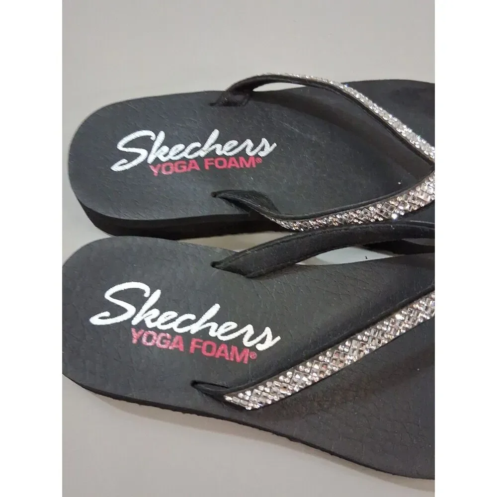 Skechers Womens Meditation Rhinestone Yoga Foam Flip Flop Sandals Black Size 6